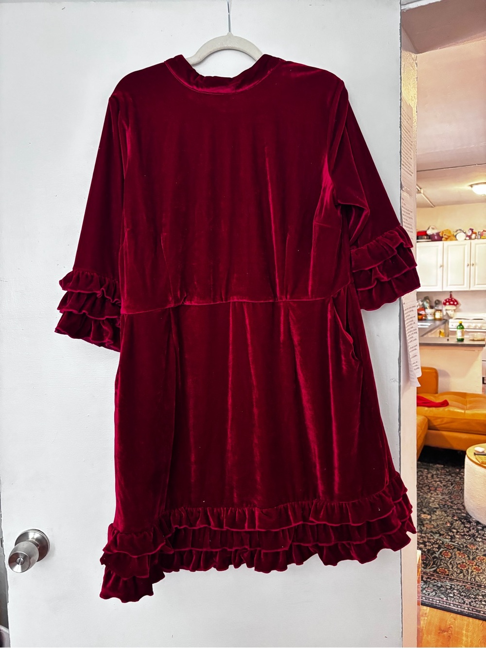 Velvet Ruffle-Sleeve Dress in Deep Red - Brand Unspecified